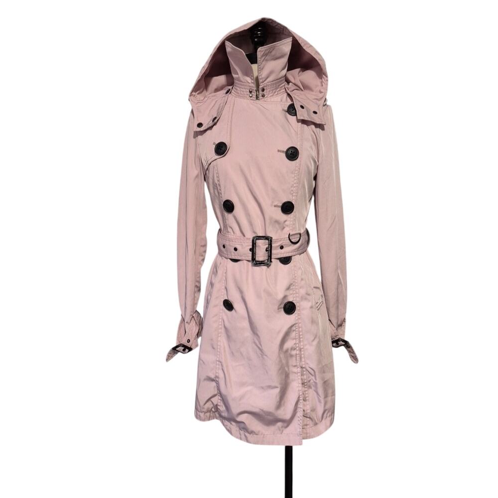 BCBG Generation Hooded Trench Coat Women XS Pink Black Double Breasted Preppy
